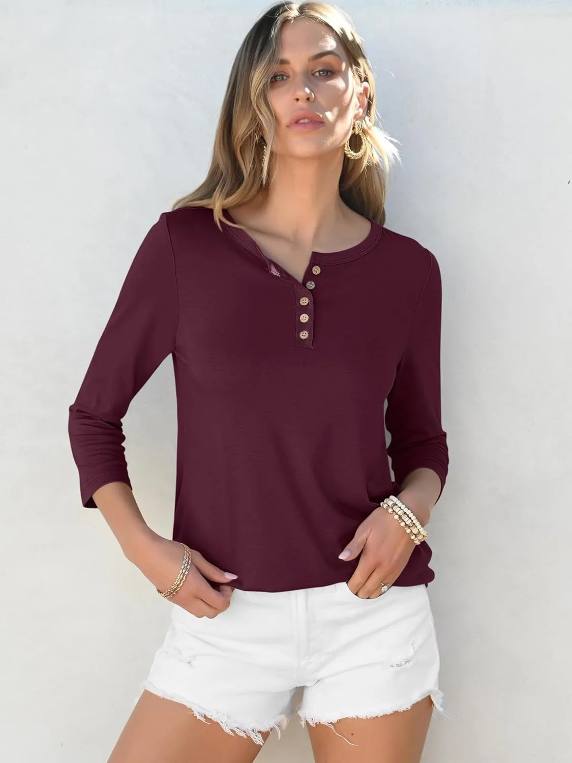 ANRABESS Womens 3/4 Sleeve Tops Henley Shirts Casual Trendy Button T Shirts 2025 Summer Basic Tunic