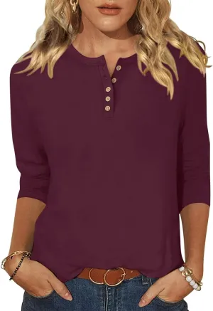 ANRABESS Womens 3/4 Sleeve Tops Henley Shirts Casual Trendy Button T Shirts 2025 Summer Basic Tunic
