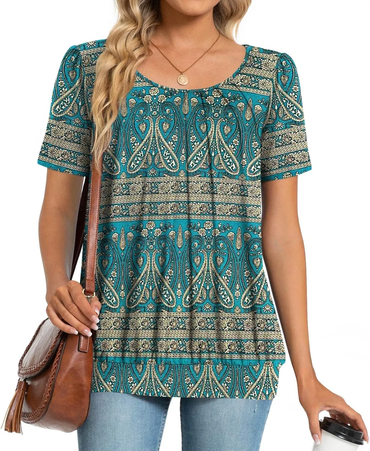 Anymeet 2025 Women's Spring Summer Tunic Tops Short Sleeve Casual Tshirt for Leggings Pleated Blouses
