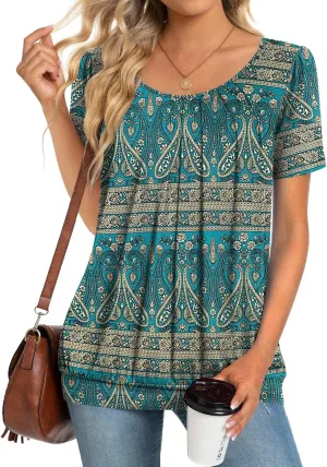 Anymeet 2025 Women's Spring Summer Tunic Tops Short Sleeve Casual Tshirt for Leggings Pleated Blouses