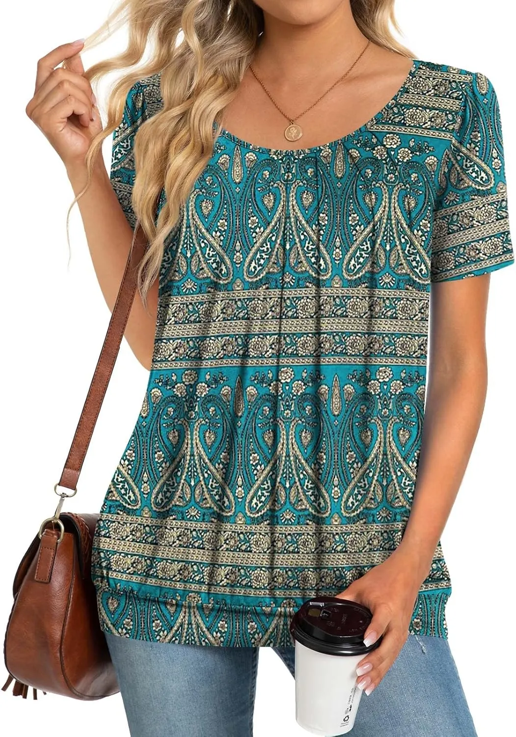 Anymeet 2025 Women's Spring Summer Tunic Tops Short Sleeve Casual Tshirt for Leggings Pleated Blouses