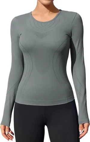 ATTRACO Seamless Workout Shirts for Women Long Sleeve Compression Shirts Slim Fit Athletic Yoga Tops
