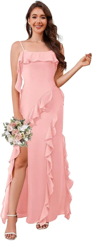 AUMEELAM Square Neck Long Bridesmaid Dresses for Wedding Soft Chiffon Pleated A Line Ruffles Formal Evening Dress