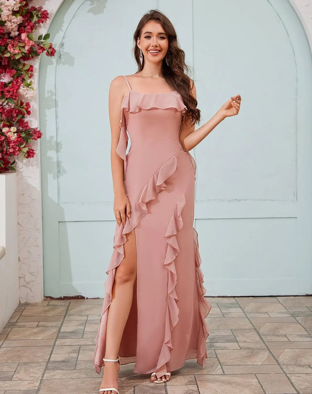 AUMEELAM Square Neck Long Bridesmaid Dresses for Wedding Soft Chiffon Pleated A Line Ruffles Formal Evening Dress