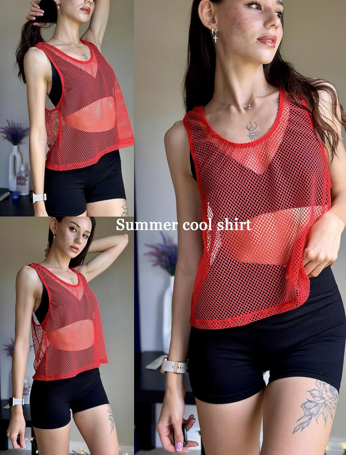 Avidlove Fishnet Top for Women Sleeveless See Through Cover Up Scoop Neck Blouses Y2K Sheer Tank Shirt