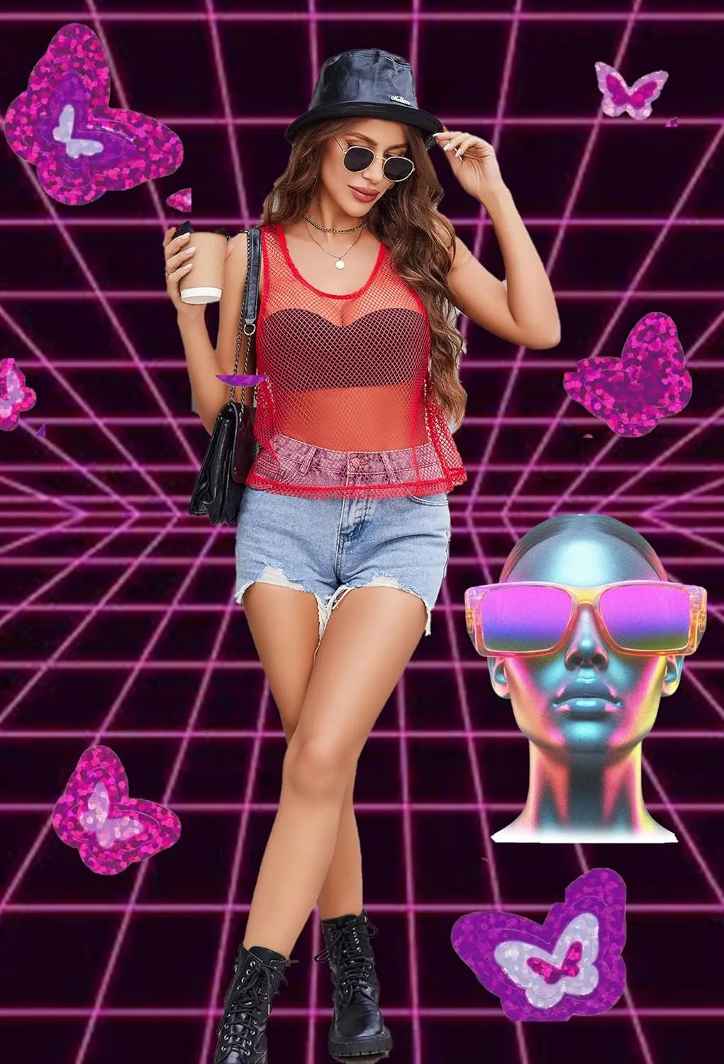 Avidlove Fishnet Top for Women Sleeveless See Through Cover Up Scoop Neck Blouses Y2K Sheer Tank Shirt
