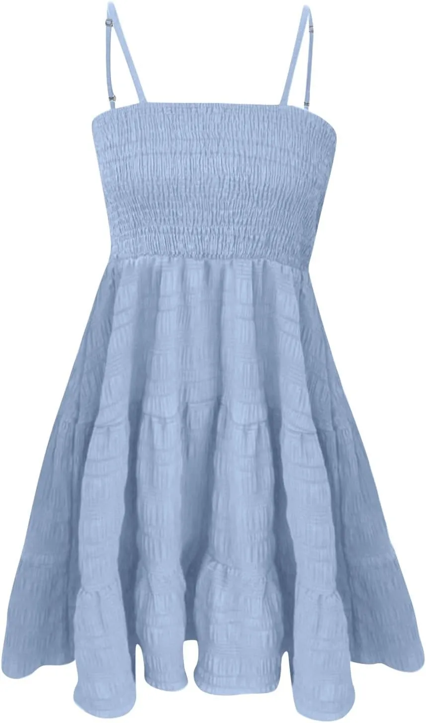 BAXLIMEK Mini Dresses for Women,2025 Spring Summer Smocked Square Neck Spaghetti Strap Sundress Flowy A Line Beach Dress