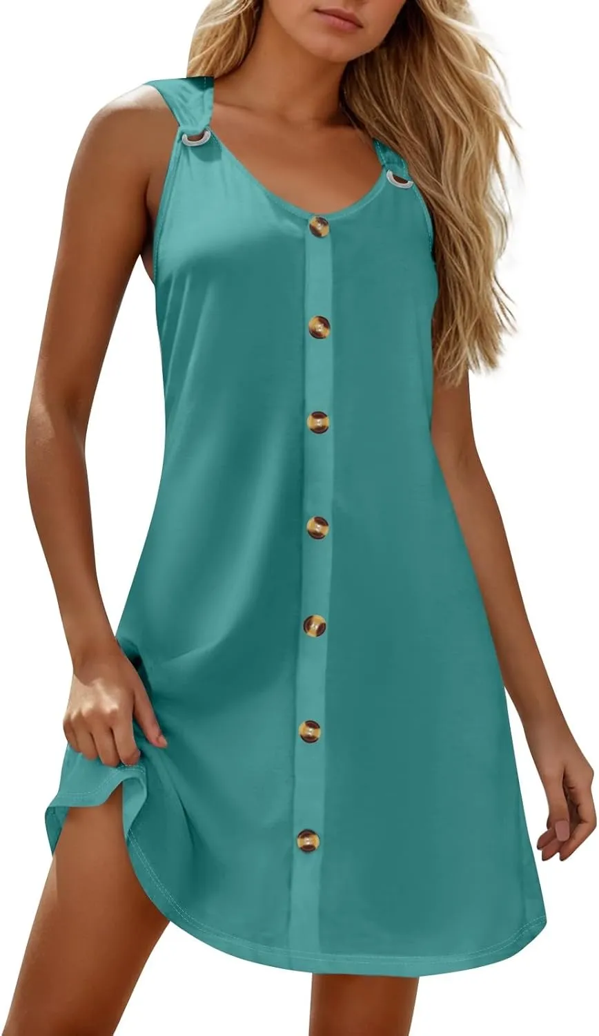 BAXLIMEK Sundresses for Women,2025 Spring Summer Casual Loose V Neck Sleeveless Mini Dress,Button Flowy A Line Beach Dress
