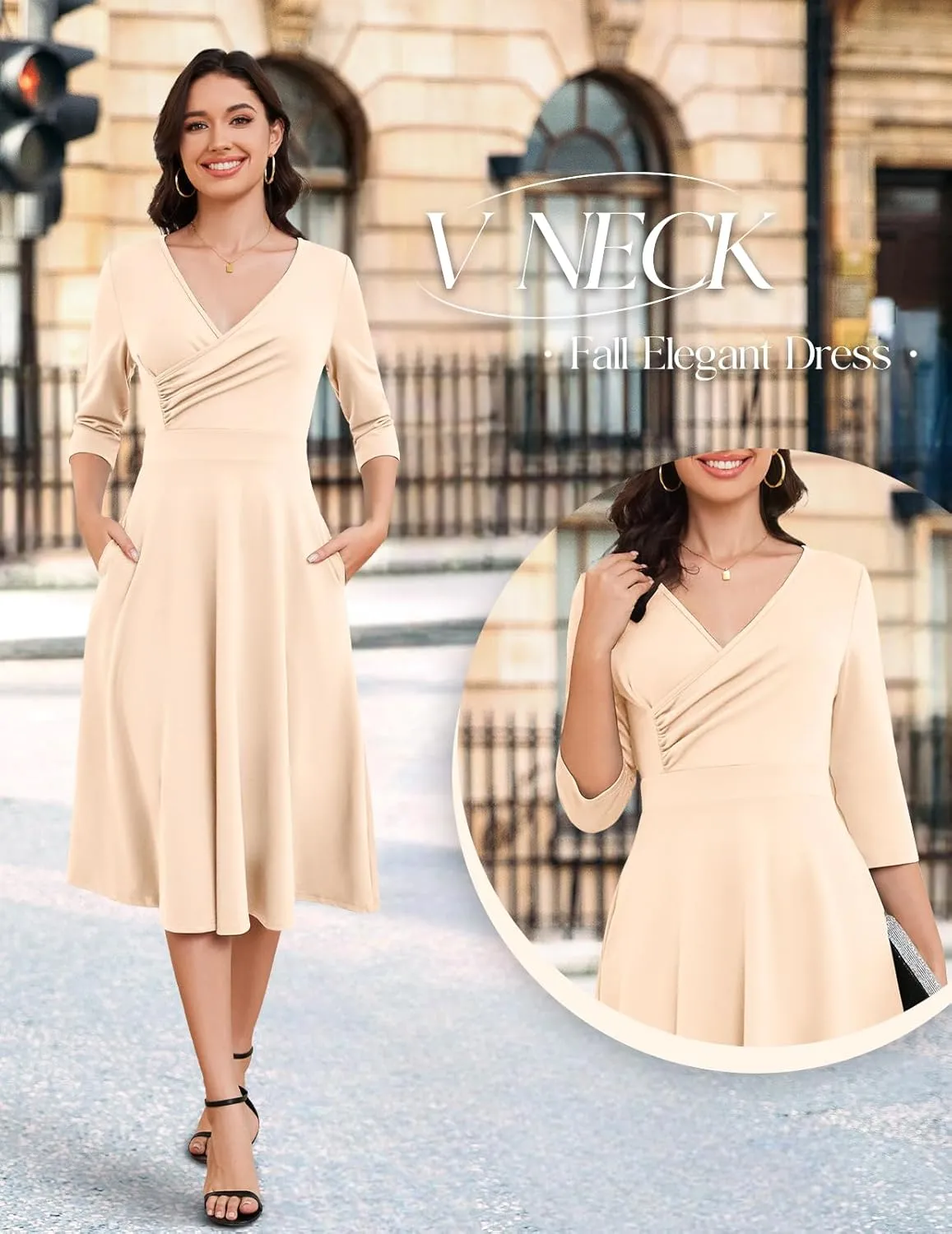 Bbonlinedress Women Cocktail Wrap Wedding Guest Formal Dresses V Neck 3/4 Sleeve Vintage Tea Length Midi Party Dress