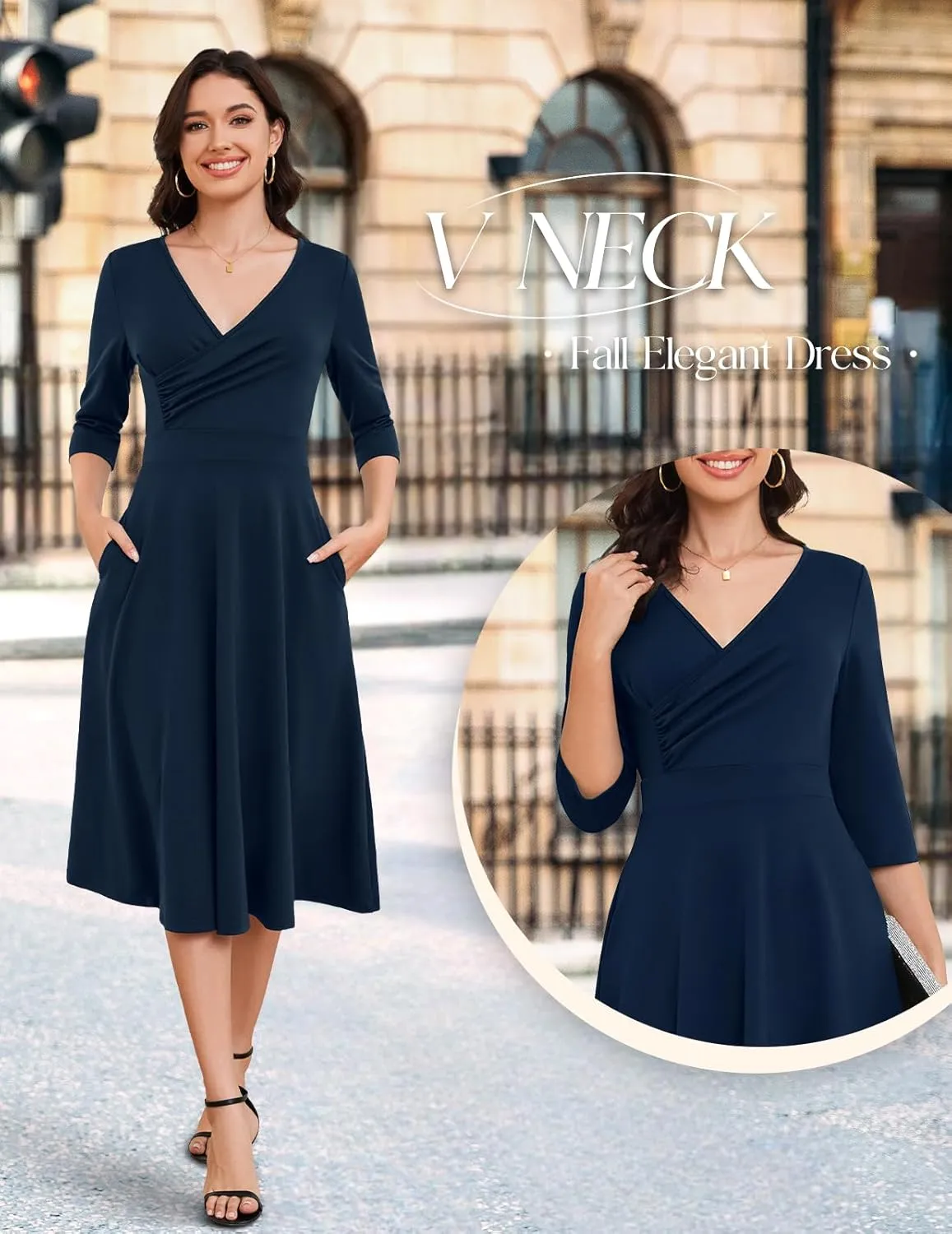 Bbonlinedress Women Cocktail Wrap Wedding Guest Formal Dresses V Neck 3/4 Sleeve Vintage Tea Length Midi Party Dress