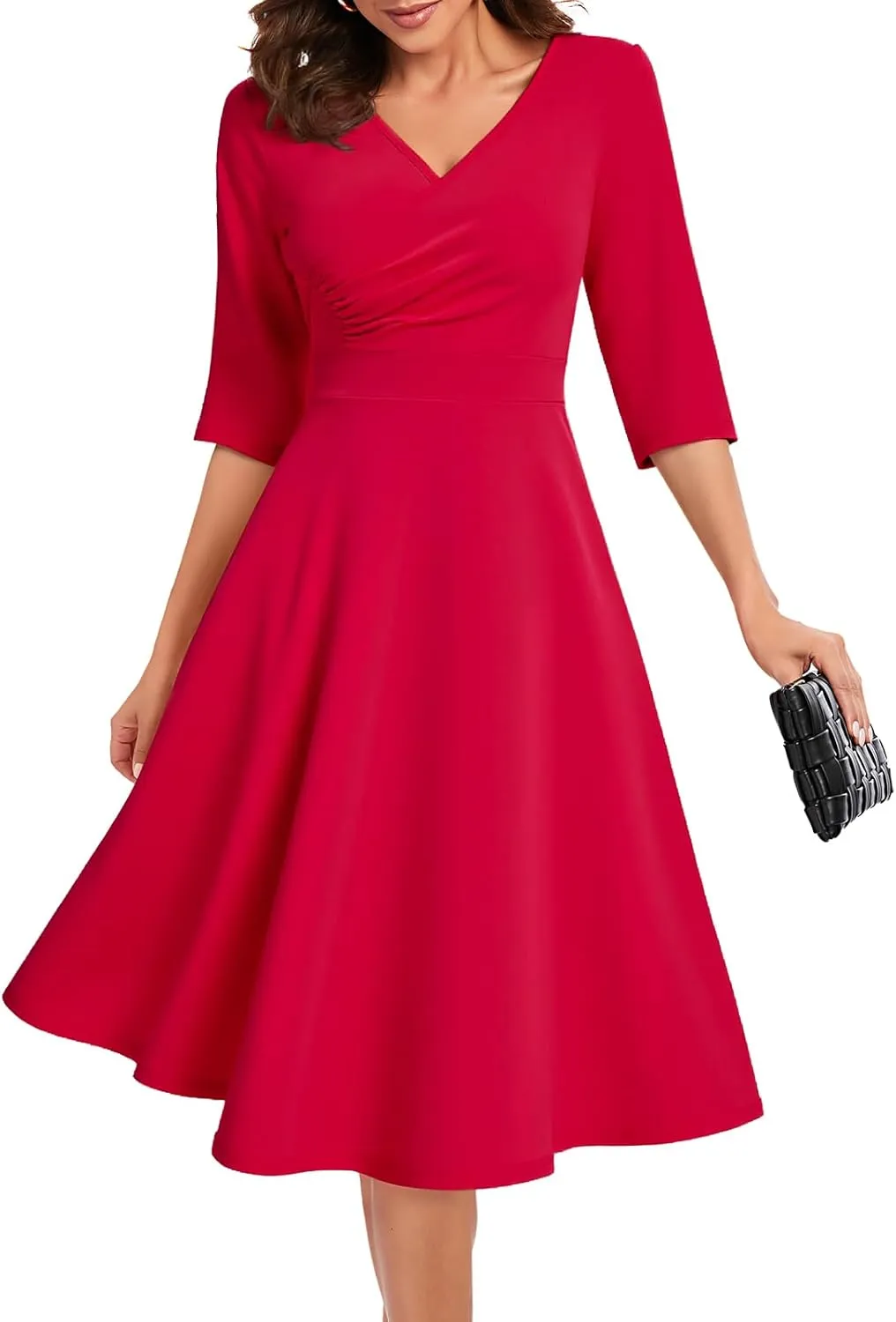 Bbonlinedress Women Cocktail Wrap Wedding Guest Formal Dresses V Neck 3/4 Sleeve Vintage Tea Length Midi Party Dress