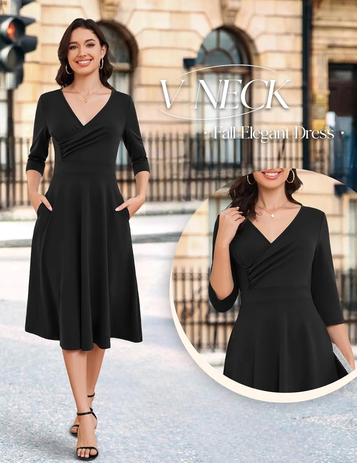 Bbonlinedress Women Cocktail Wrap Wedding Guest Formal Dresses V Neck 3/4 Sleeve Vintage Tea Length Midi Party Dress