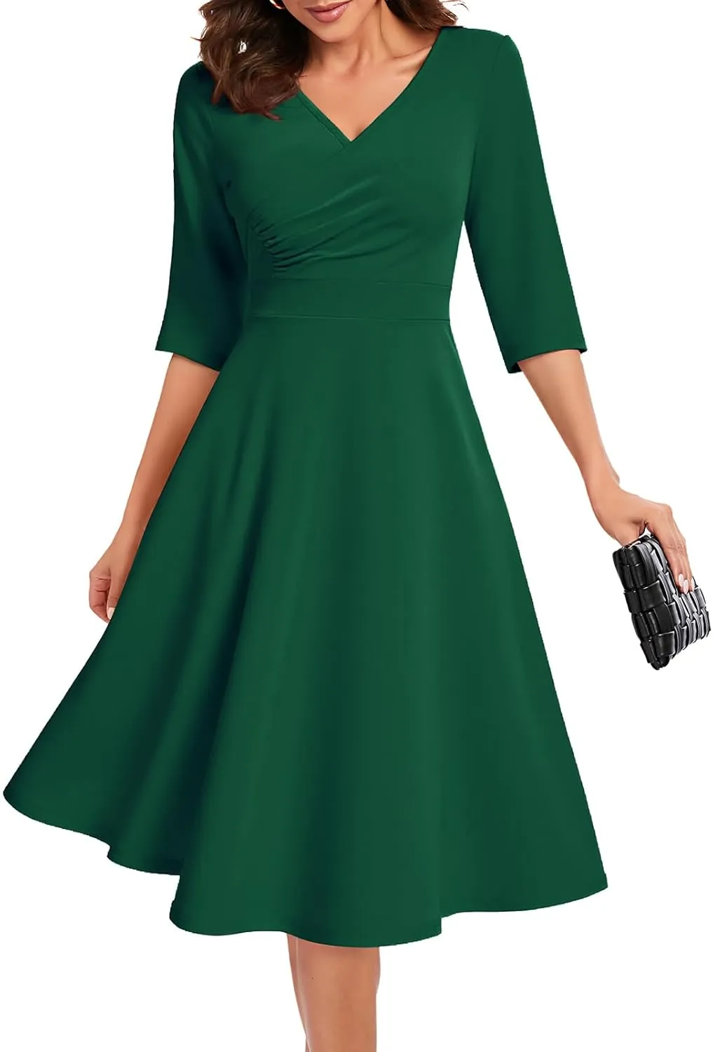 Bbonlinedress Women Cocktail Wrap Wedding Guest Formal Dresses V Neck 3/4 Sleeve Vintage Tea Length Midi Party Dress