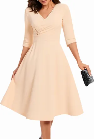 Bbonlinedress Women Cocktail Wrap Wedding Guest Formal Dresses V Neck 3/4 Sleeve Vintage Tea Length Midi Party Dress