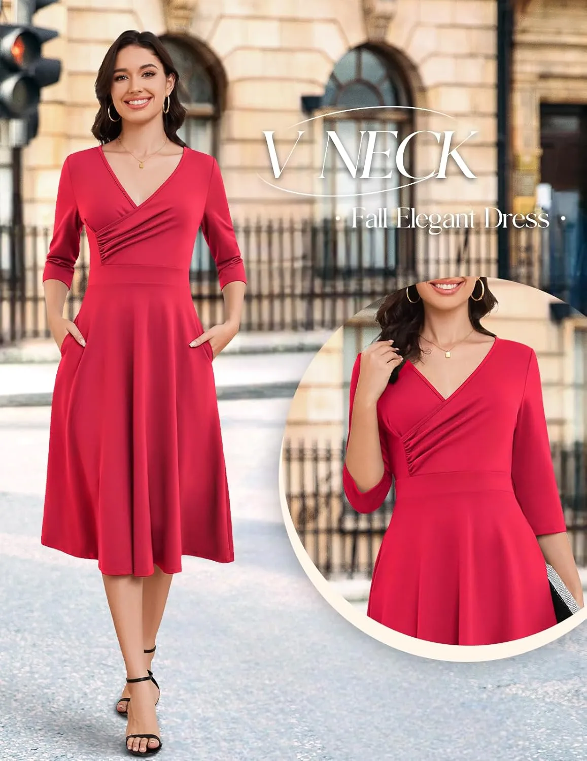 Bbonlinedress Women Cocktail Wrap Wedding Guest Formal Dresses V Neck 3/4 Sleeve Vintage Tea Length Midi Party Dress