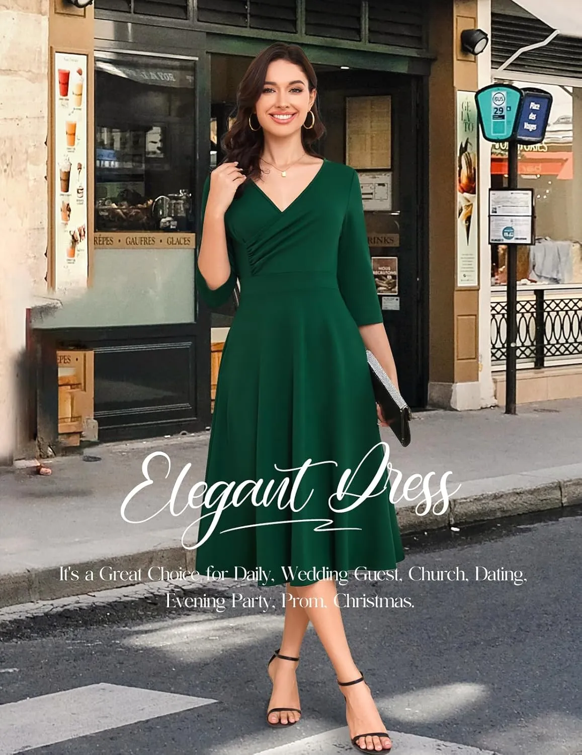Bbonlinedress Women Cocktail Wrap Wedding Guest Formal Dresses V Neck 3/4 Sleeve Vintage Tea Length Midi Party Dress