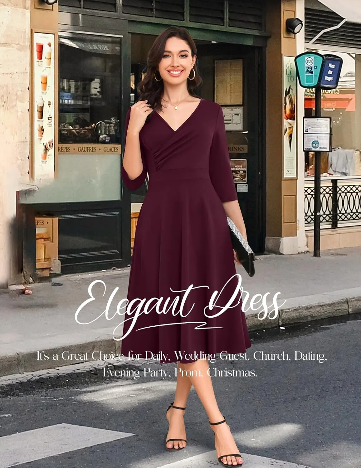 Bbonlinedress Women Cocktail Wrap Wedding Guest Formal Dresses V Neck 3/4 Sleeve Vintage Tea Length Midi Party Dress