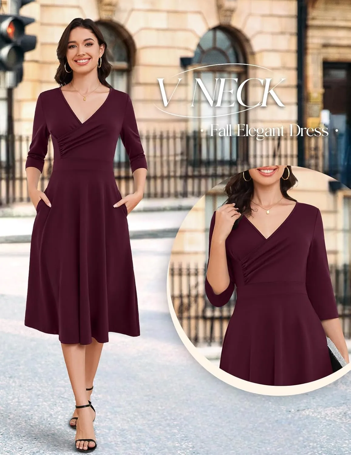 Bbonlinedress Women Cocktail Wrap Wedding Guest Formal Dresses V Neck 3/4 Sleeve Vintage Tea Length Midi Party Dress