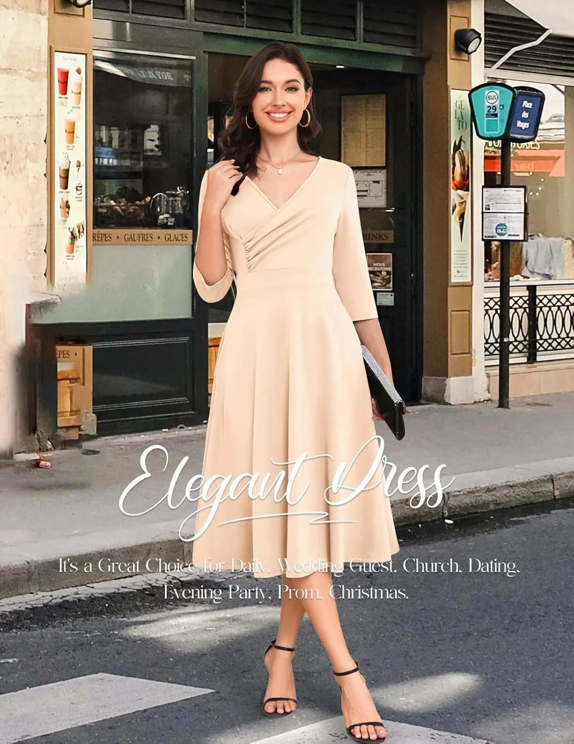 Bbonlinedress Women Cocktail Wrap Wedding Guest Formal Dresses V Neck 3/4 Sleeve Vintage Tea Length Midi Party Dress