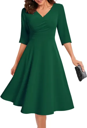 Bbonlinedress Women Cocktail Wrap Wedding Guest Formal Dresses V Neck 3/4 Sleeve Vintage Tea Length Midi Party Dress