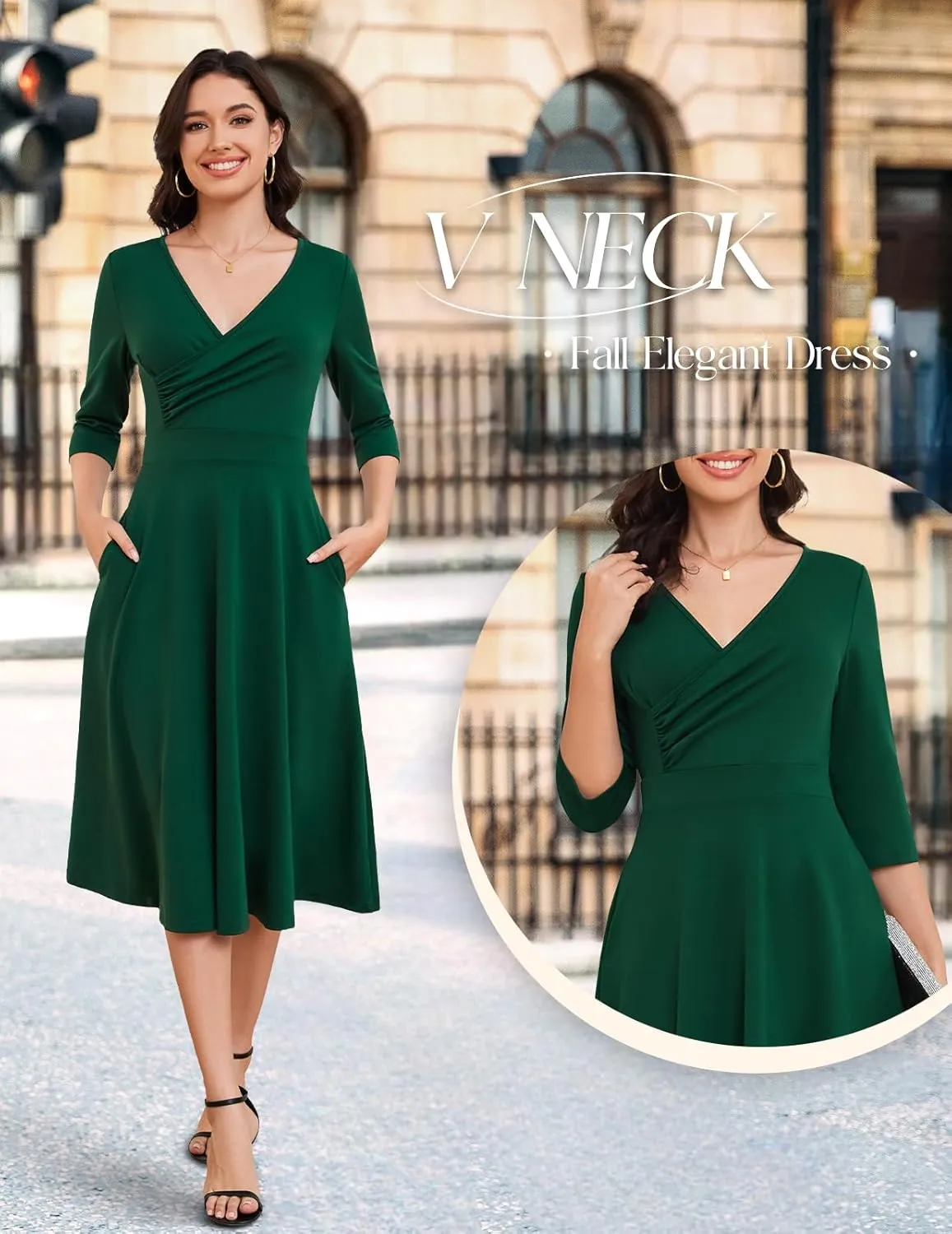 Bbonlinedress Women Cocktail Wrap Wedding Guest Formal Dresses V Neck 3/4 Sleeve Vintage Tea Length Midi Party Dress