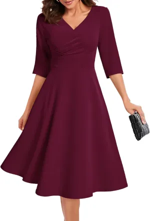 Bbonlinedress Women Cocktail Wrap Wedding Guest Formal Dresses V Neck 3/4 Sleeve Vintage Tea Length Midi Party Dress