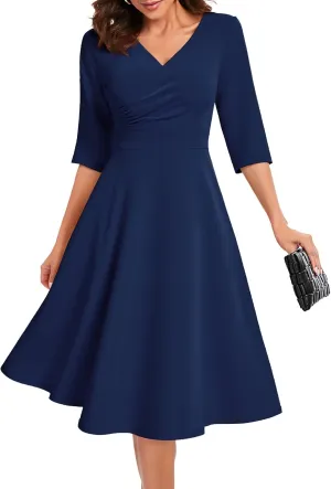 Bbonlinedress Women Cocktail Wrap Wedding Guest Formal Dresses V Neck 3/4 Sleeve Vintage Tea Length Midi Party Dress