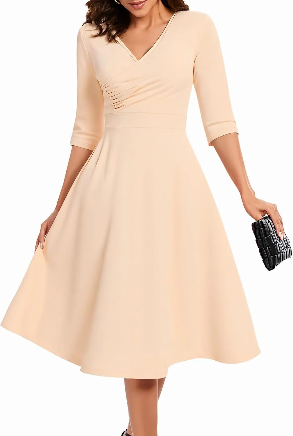 Bbonlinedress Women Cocktail Wrap Wedding Guest Formal Dresses V Neck 3/4 Sleeve Vintage Tea Length Midi Party Dress