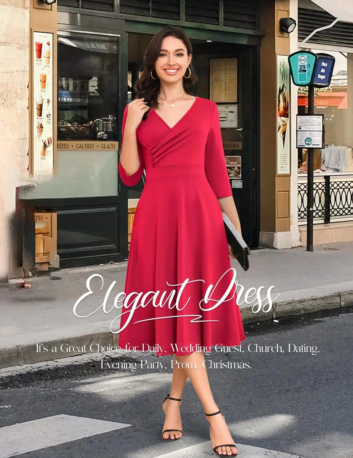 Bbonlinedress Women Cocktail Wrap Wedding Guest Formal Dresses V Neck 3/4 Sleeve Vintage Tea Length Midi Party Dress