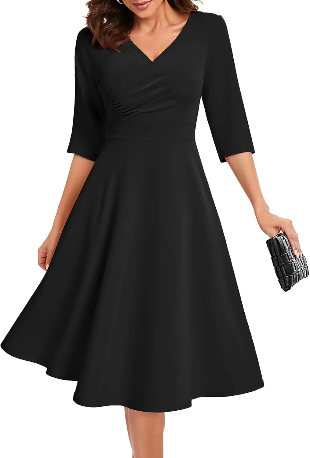 Bbonlinedress Women Cocktail Wrap Wedding Guest Formal Dresses V Neck 3/4 Sleeve Vintage Tea Length Midi Party Dress