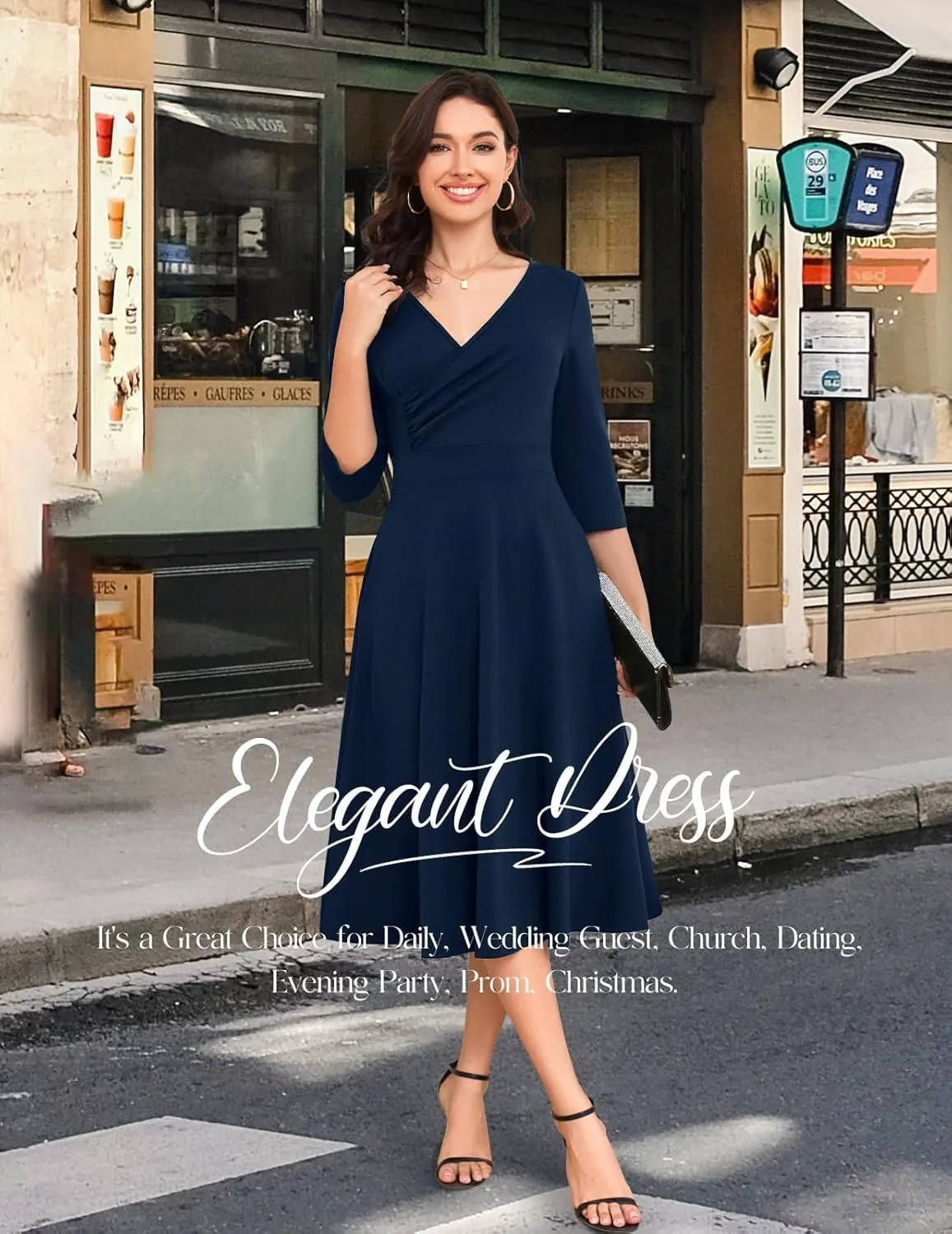 Bbonlinedress Women Cocktail Wrap Wedding Guest Formal Dresses V Neck 3/4 Sleeve Vintage Tea Length Midi Party Dress