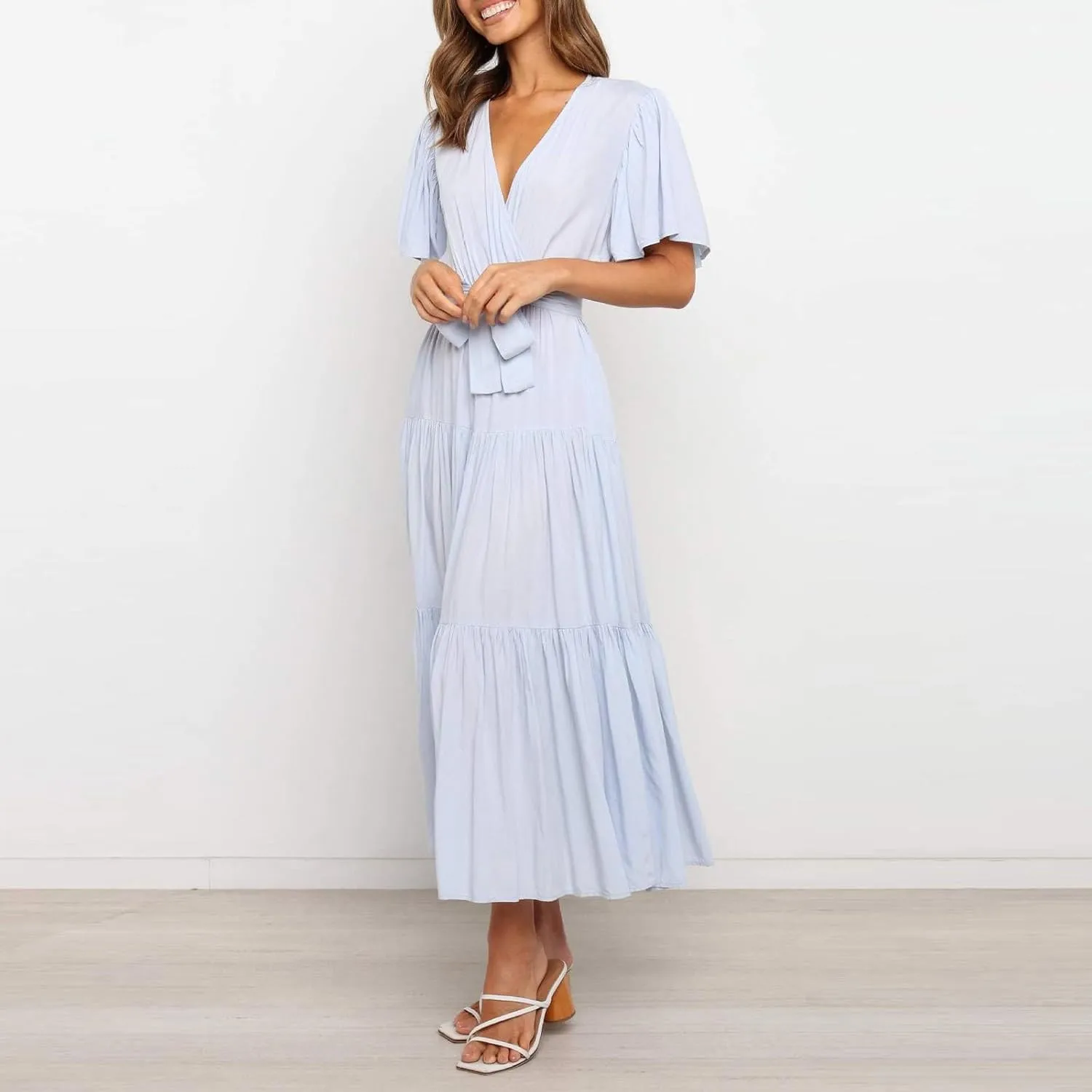 Beach Dresses for Women Summer Pleated Dress Short Sleeve V Neck Midi Dresses High Waist Party Dress Spring with Belt
