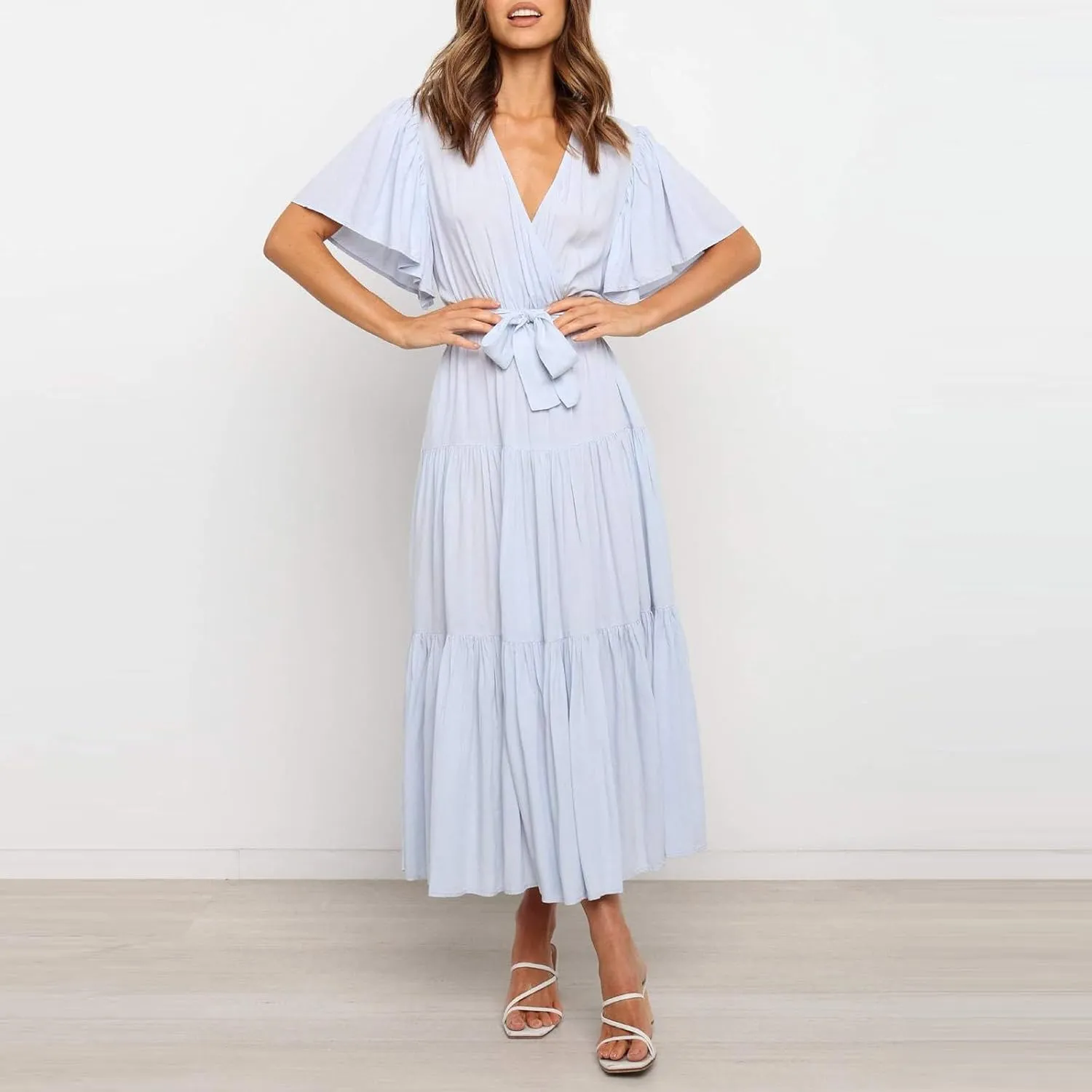 Beach Dresses for Women Summer Pleated Dress Short Sleeve V Neck Midi Dresses High Waist Party Dress Spring with Belt