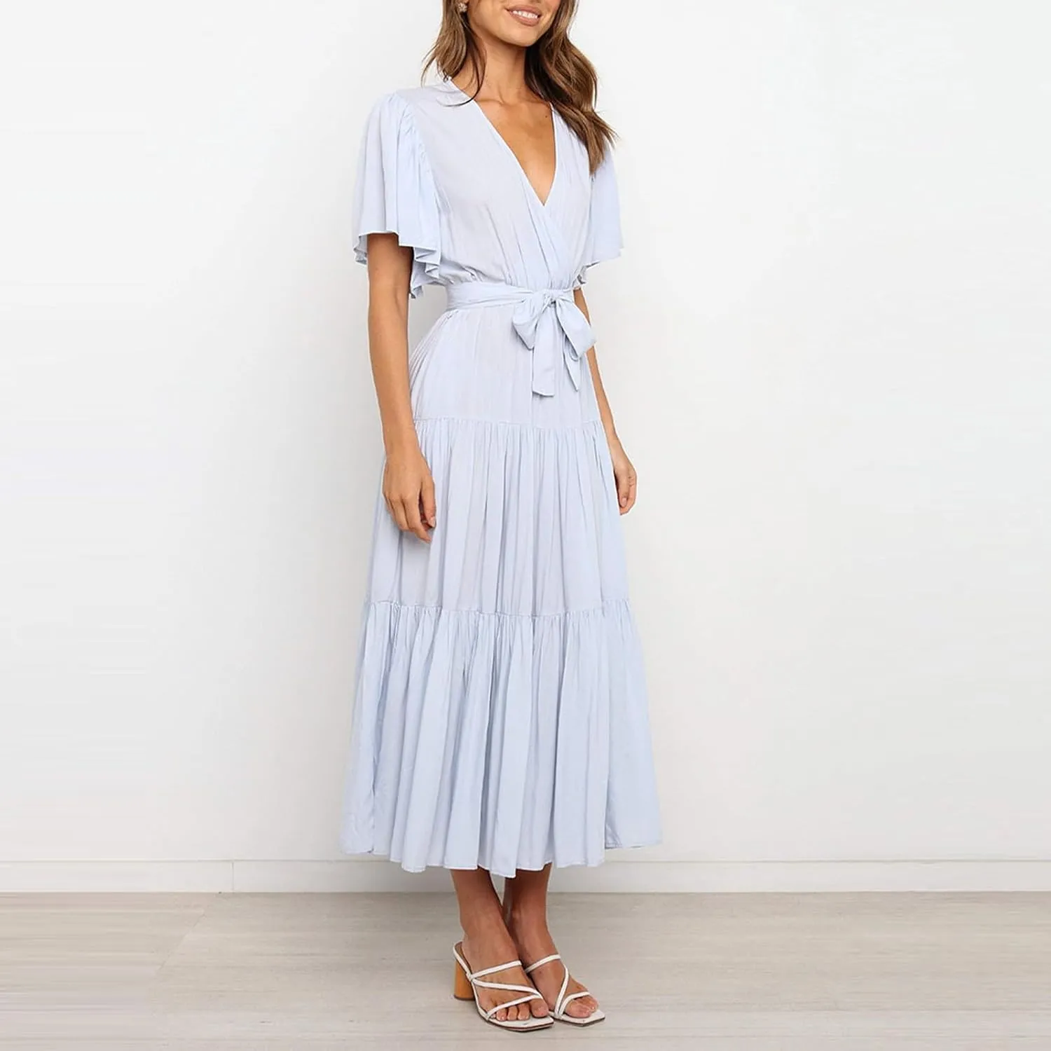 Beach Dresses for Women Summer Pleated Dress Short Sleeve V Neck Midi Dresses High Waist Party Dress Spring with Belt