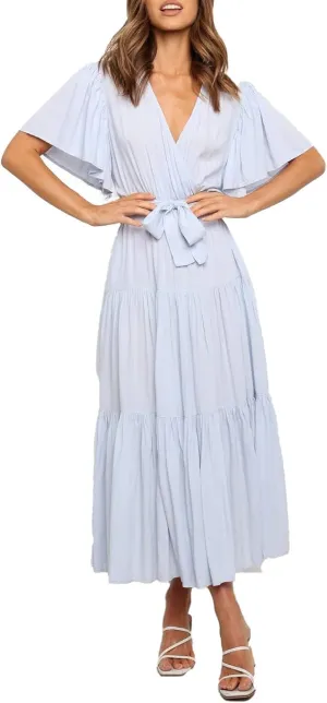 Beach Dresses for Women Summer Pleated Dress Short Sleeve V Neck Midi Dresses High Waist Party Dress Spring with Belt