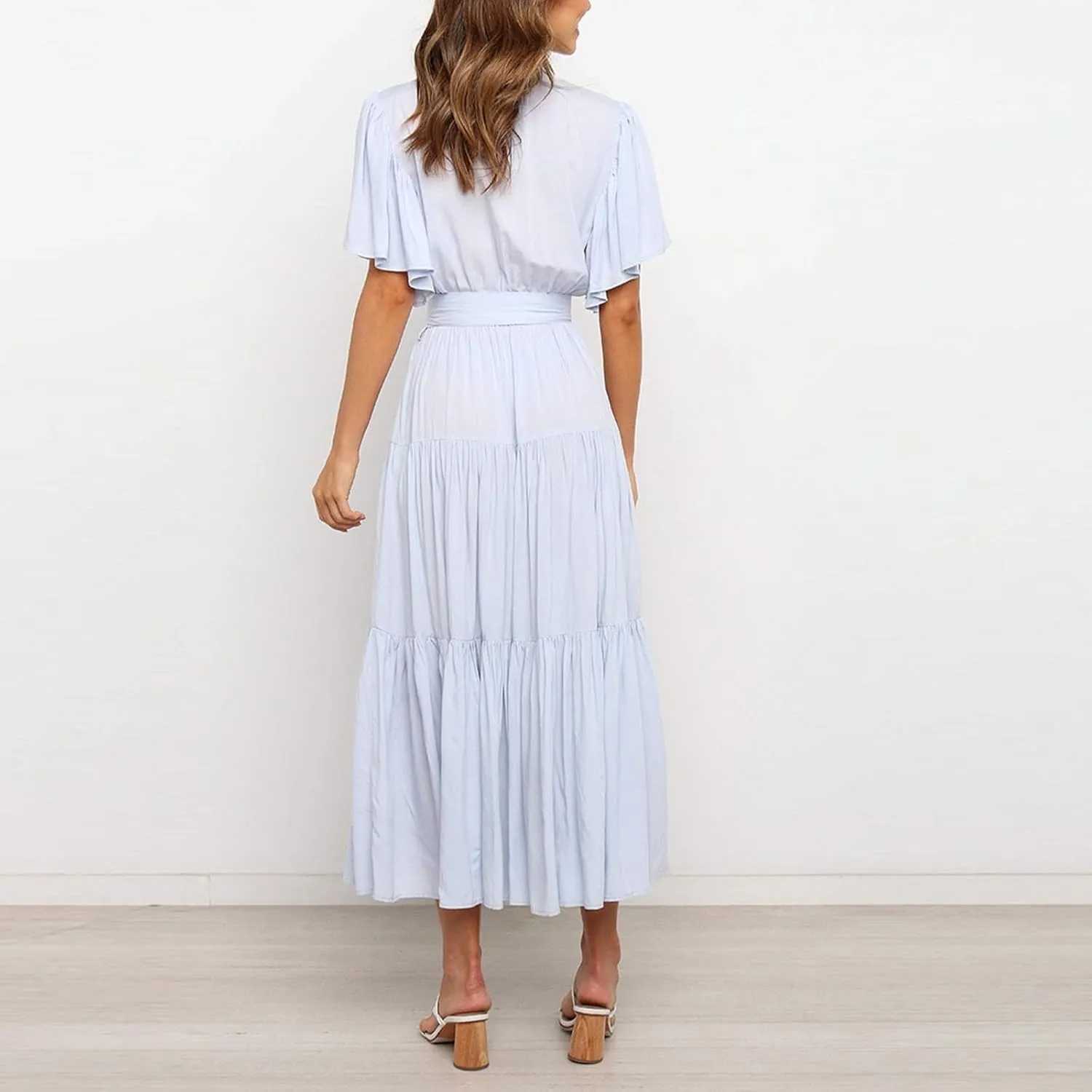 Beach Dresses for Women Summer Pleated Dress Short Sleeve V Neck Midi Dresses High Waist Party Dress Spring with Belt