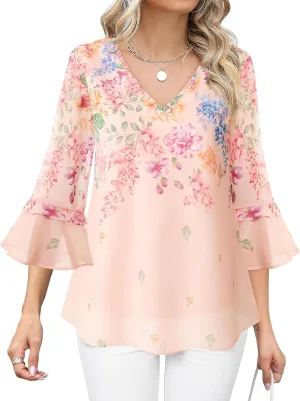 Bebonnie Womens Dressy Casual Tops Ruffle 3/4 Sleeve V Neck Floral Chiffon Blouses
