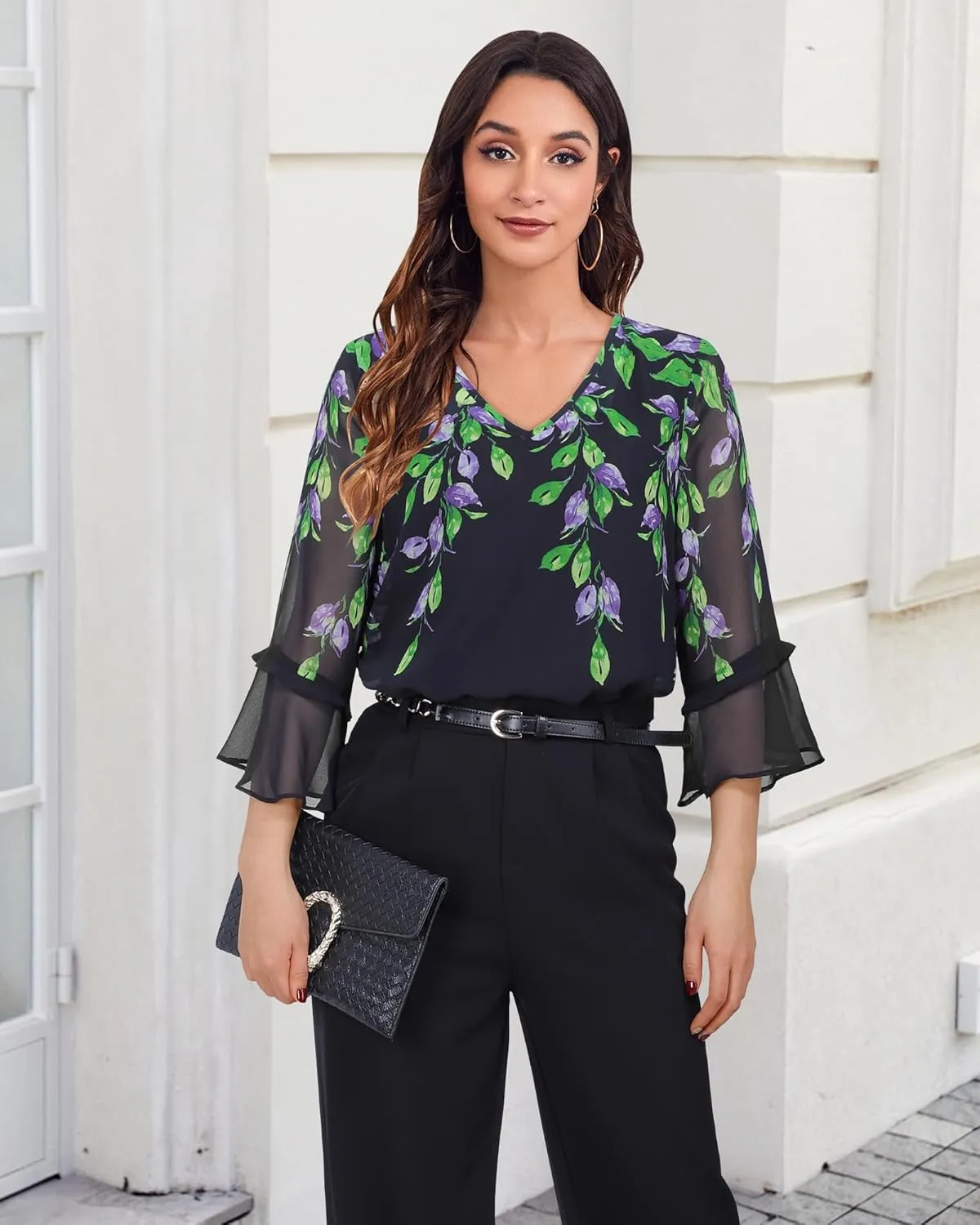 Bebonnie Womens Dressy Casual Tops Ruffle 3/4 Sleeve V Neck Floral Chiffon Blouses