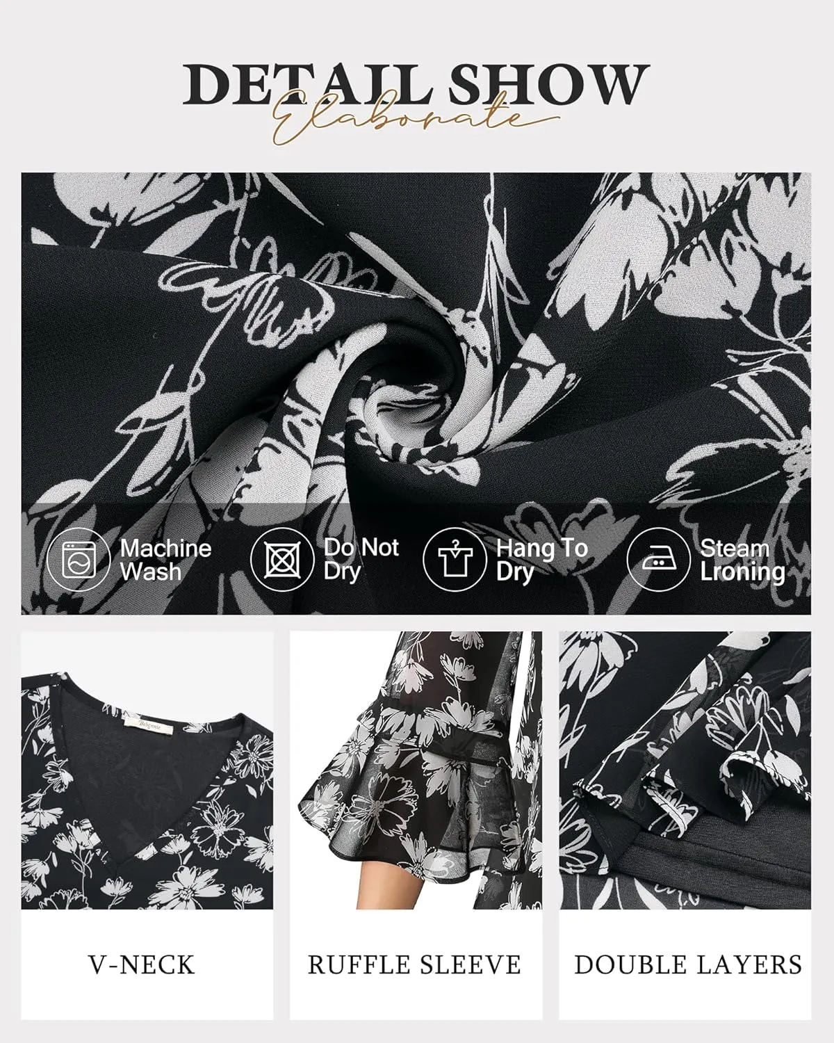 Bebonnie Womens Dressy Casual Tops Ruffle 3/4 Sleeve V Neck Floral Chiffon Blouses