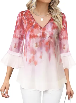 Bebonnie Womens Dressy Casual Tops Ruffle 3/4 Sleeve V Neck Floral Chiffon Blouses