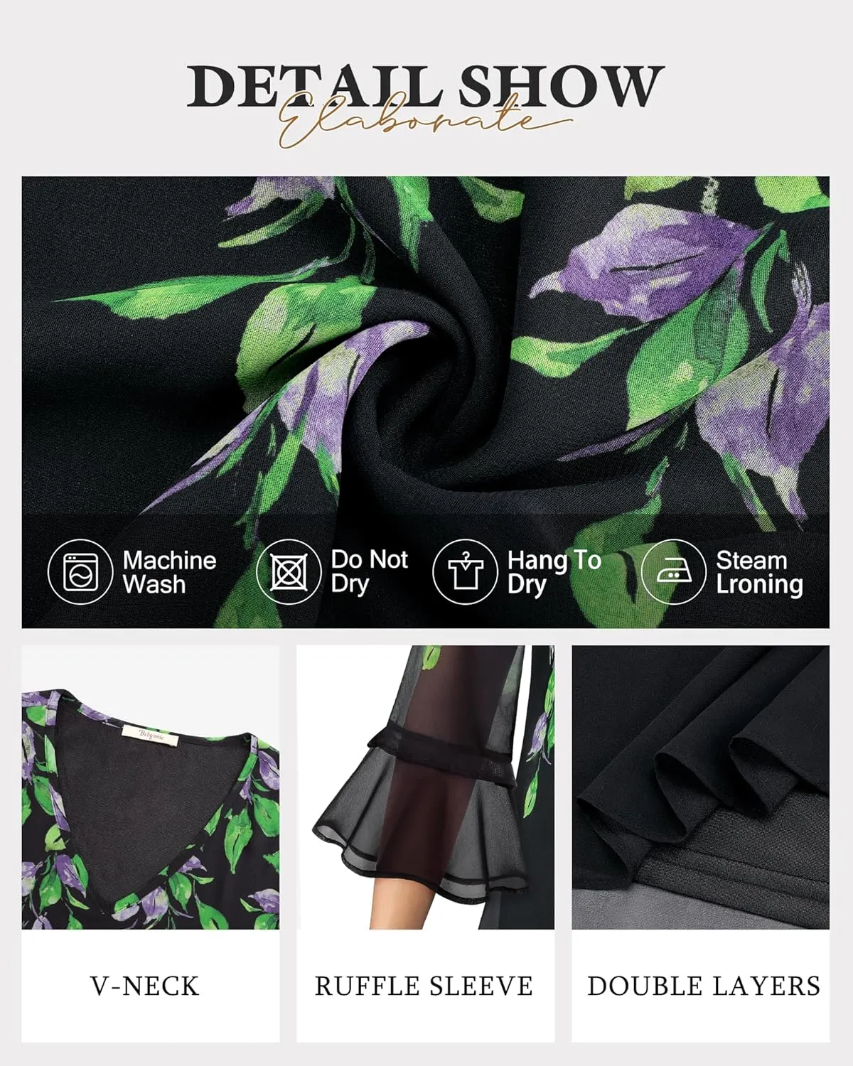 Bebonnie Womens Dressy Casual Tops Ruffle 3/4 Sleeve V Neck Floral Chiffon Blouses