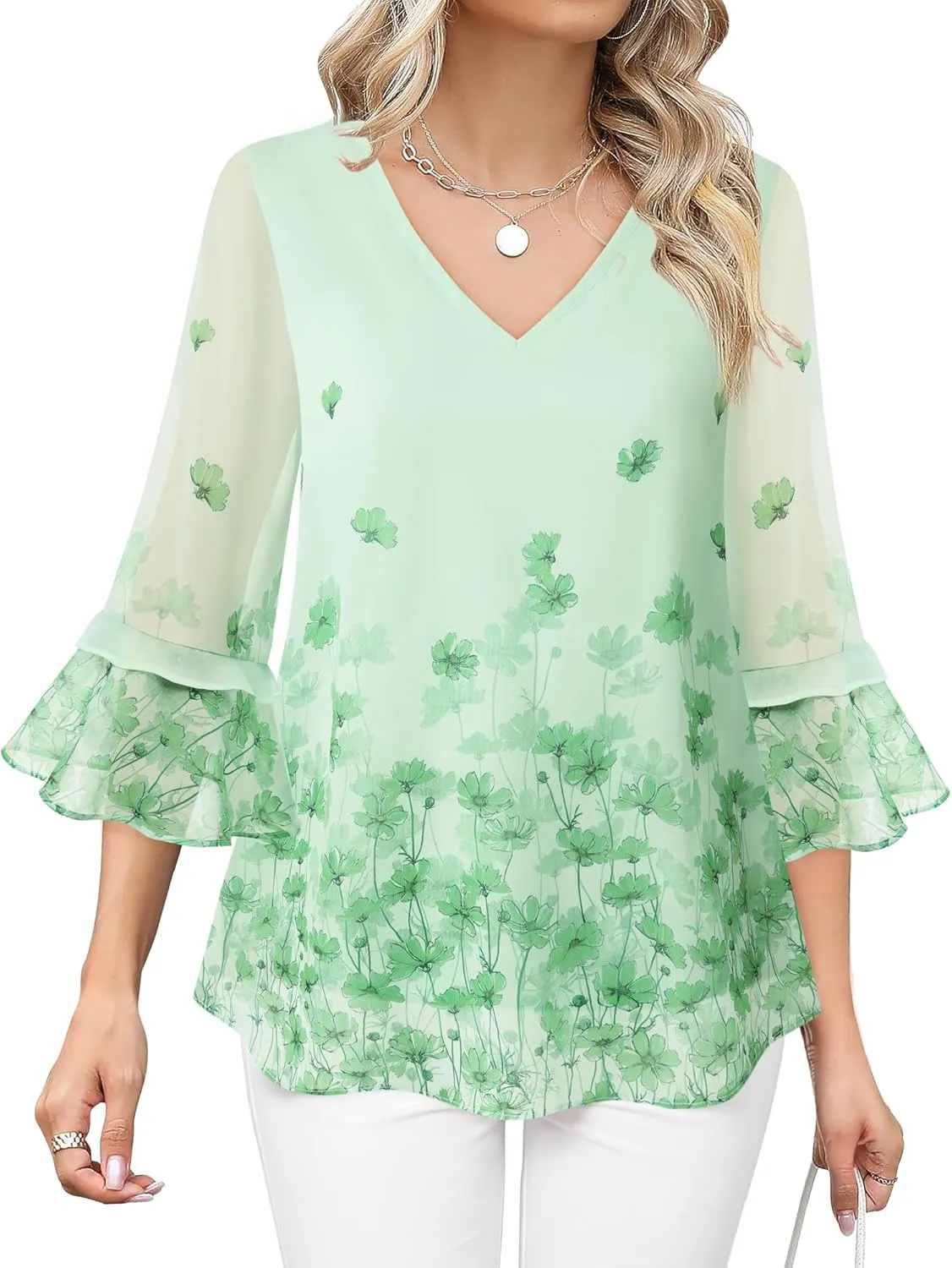 Bebonnie Womens Dressy Casual Tops Ruffle 3/4 Sleeve V Neck Floral Chiffon Blouses