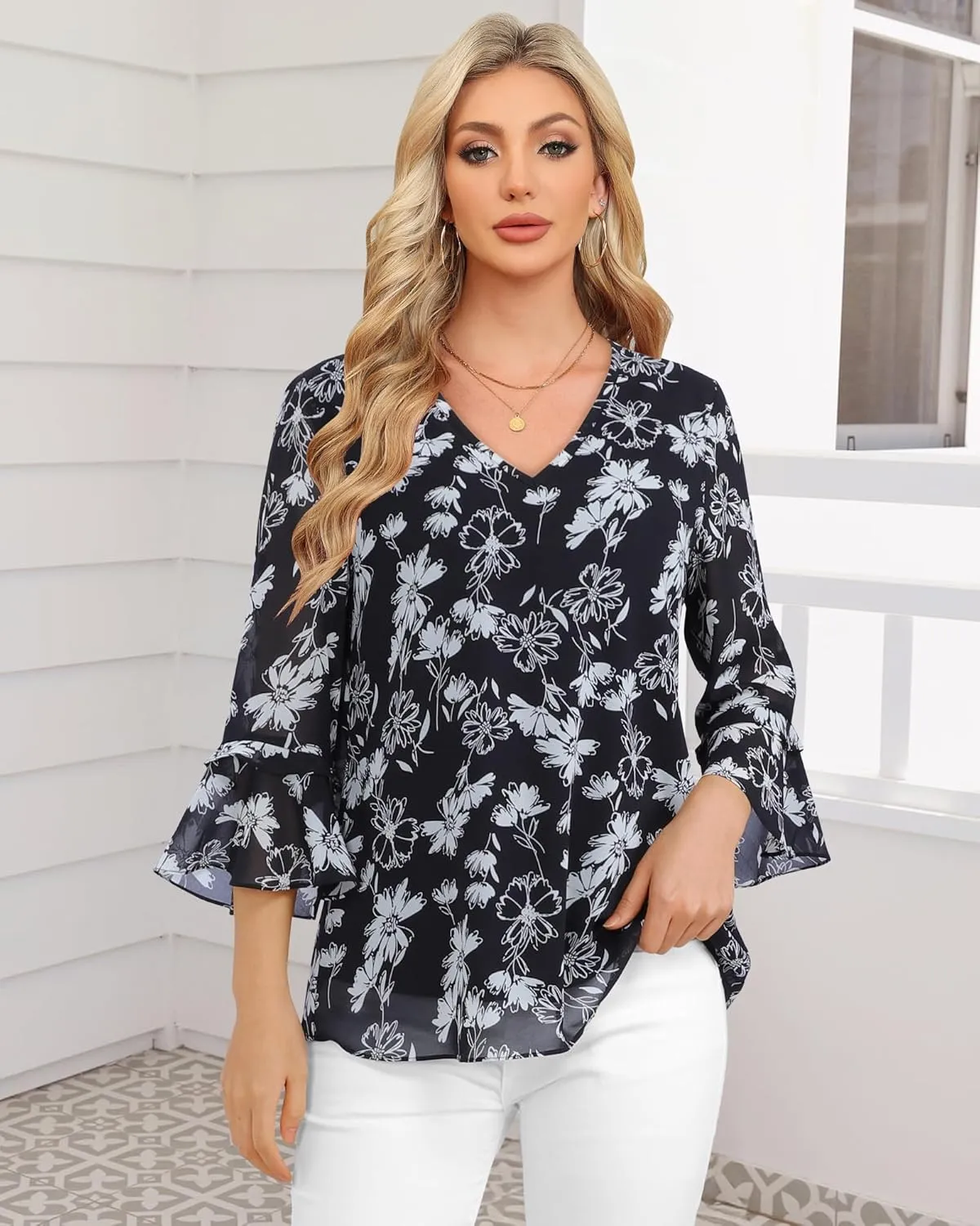 Bebonnie Womens Dressy Casual Tops Ruffle 3/4 Sleeve V Neck Floral Chiffon Blouses