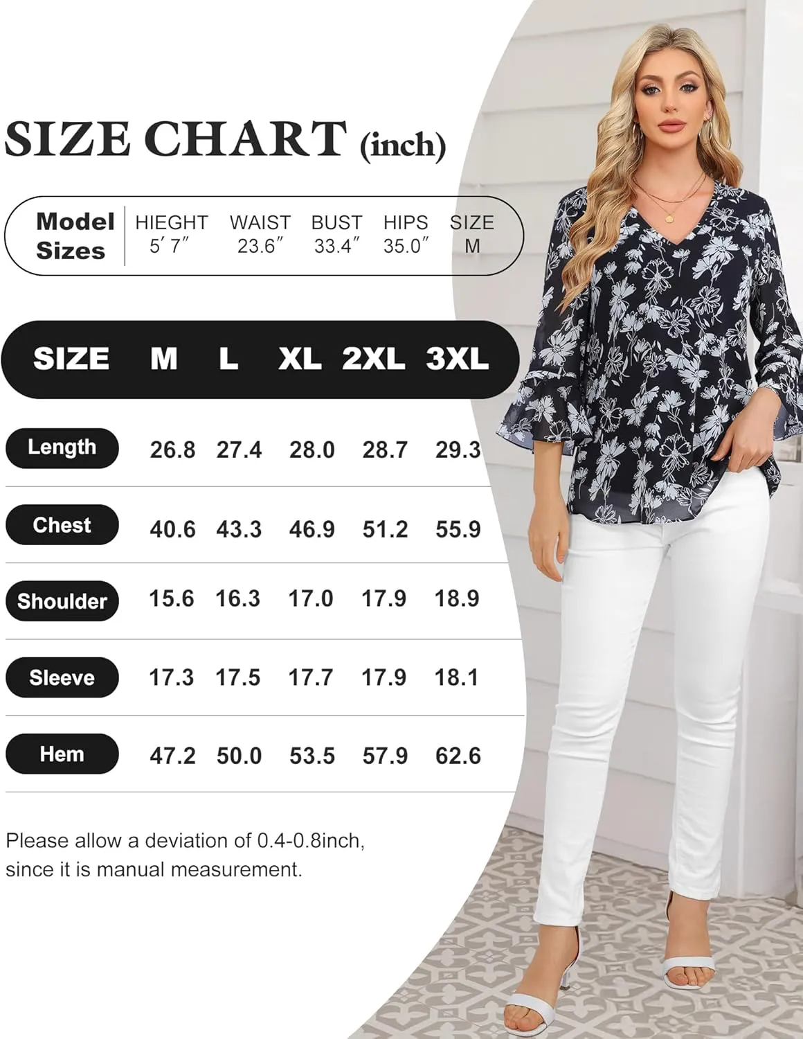 Bebonnie Womens Dressy Casual Tops Ruffle 3/4 Sleeve V Neck Floral Chiffon Blouses