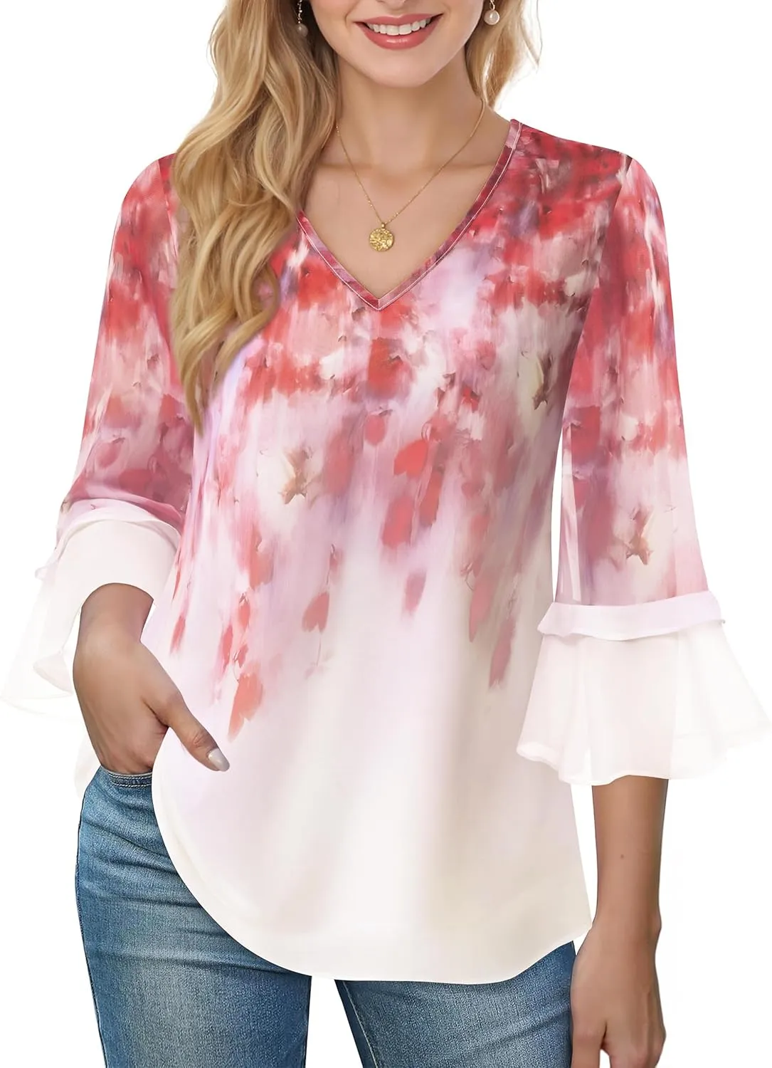 Bebonnie Womens Dressy Casual Tops Ruffle 3/4 Sleeve V Neck Floral Chiffon Blouses