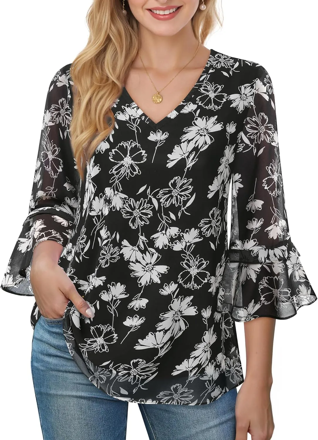 Bebonnie Womens Dressy Casual Tops Ruffle 3/4 Sleeve V Neck Floral Chiffon Blouses