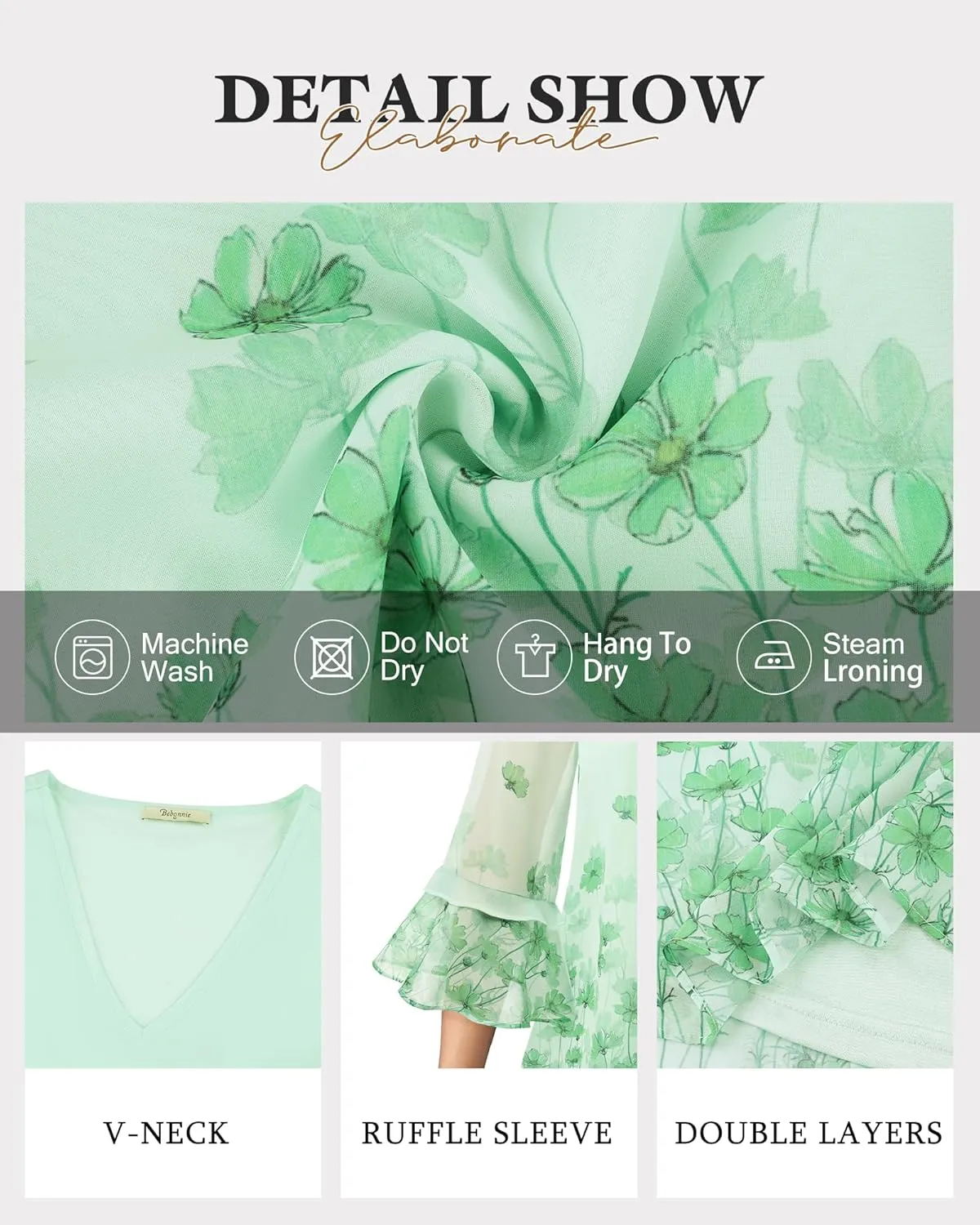 Bebonnie Womens Dressy Casual Tops Ruffle 3/4 Sleeve V Neck Floral Chiffon Blouses