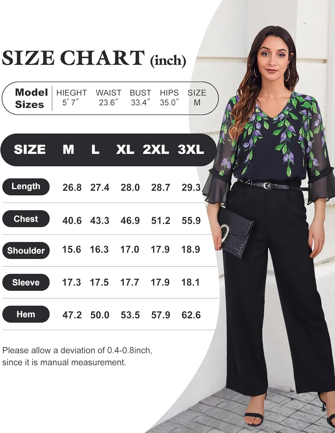 Bebonnie Womens Dressy Casual Tops Ruffle 3/4 Sleeve V Neck Floral Chiffon Blouses