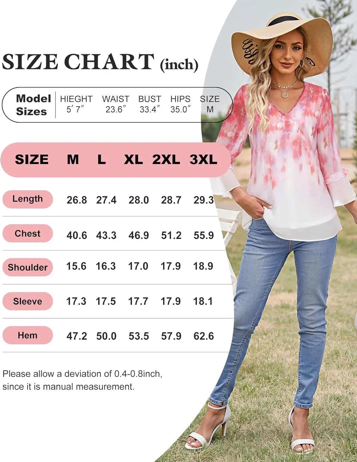 Bebonnie Womens Dressy Casual Tops Ruffle 3/4 Sleeve V Neck Floral Chiffon Blouses