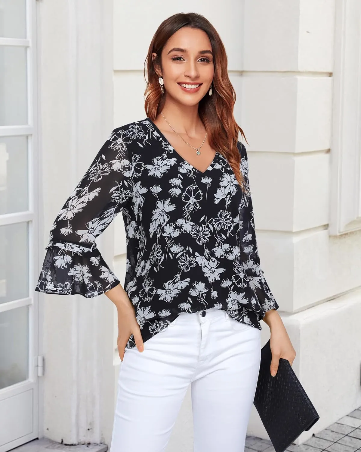Bebonnie Womens Dressy Casual Tops Ruffle 3/4 Sleeve V Neck Floral Chiffon Blouses